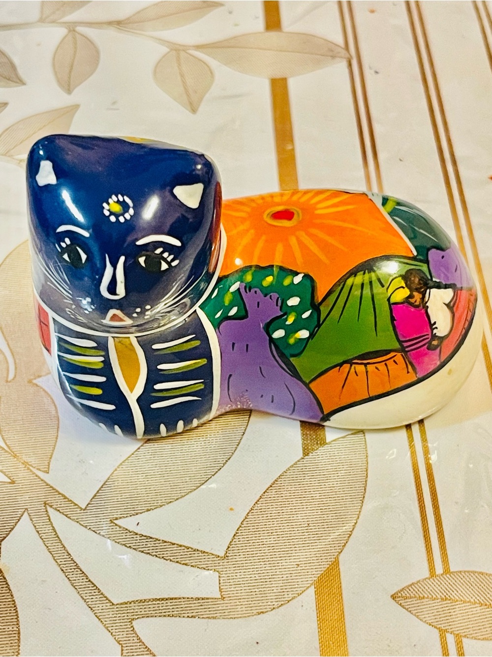 Mexican Folk Art Talavera Hand Painted
Ceramic Clay Cat Figurine